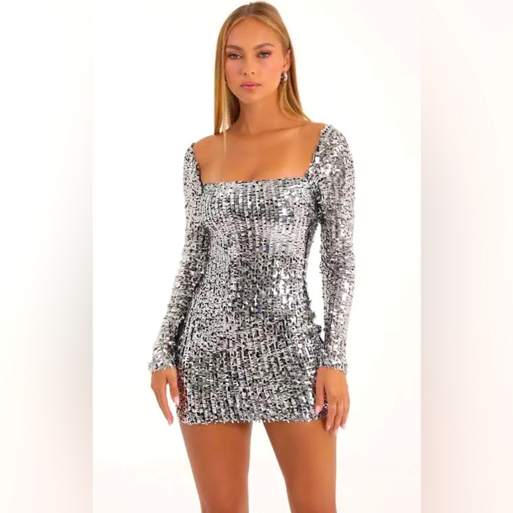 Giulia Sequin Mesh Long Sleeve Dress in Silver
